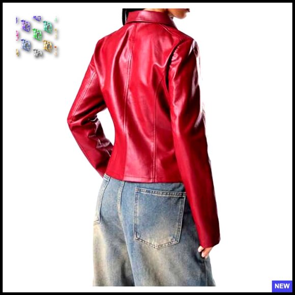 Cropped Faux Leather Jacket Vintage Biker Motorcycle Zip Up Long Sleeve - Picture 2 of 4